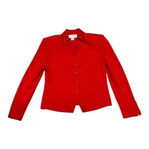 St John Evening Santana Knit Red Beaded Jacket Heart Buttons Size 2 Vintage Rare
